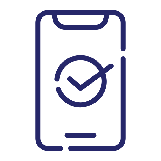 Purple icon of a phone screen with a checkmark in the center representing the digital tools used to make Focus Veterinary Care efficient.