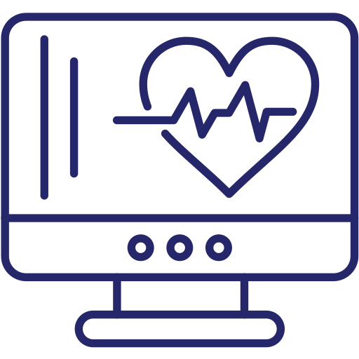 Purple icon of a computer icon with an EKG readout and heart. Conveys the equipment Focus Veterinary Care has.