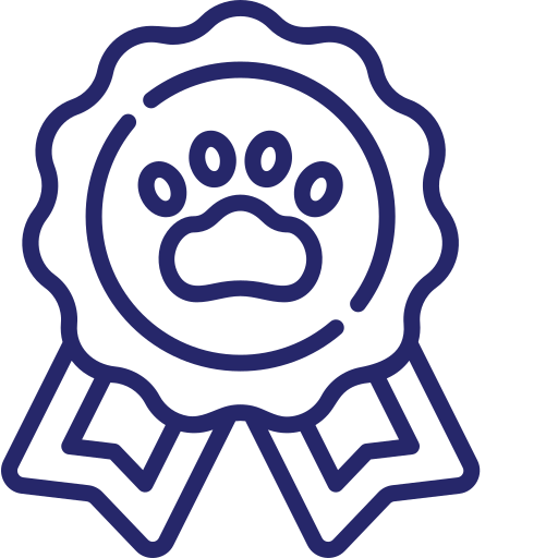 Purple ribbon icon with a paw print representing the quality care Focus Veterinary Care provides.