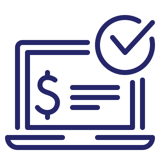 Purple computer icon showing a payment confirmation screen and a checkmark. Represents the flat rate costs of Focus Veterinary Care.