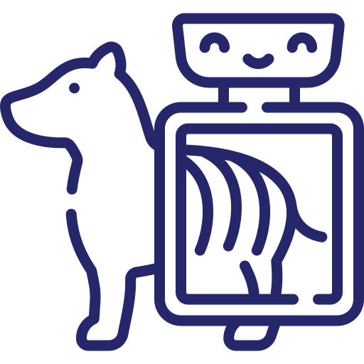Purple icon of a dog or cat with an icon of an x-ray machine superimposed over its hind area showing bones. Represents the radiography services offered by Focus Veterinary Care. Click the icon to be directed to the "Price List" page.